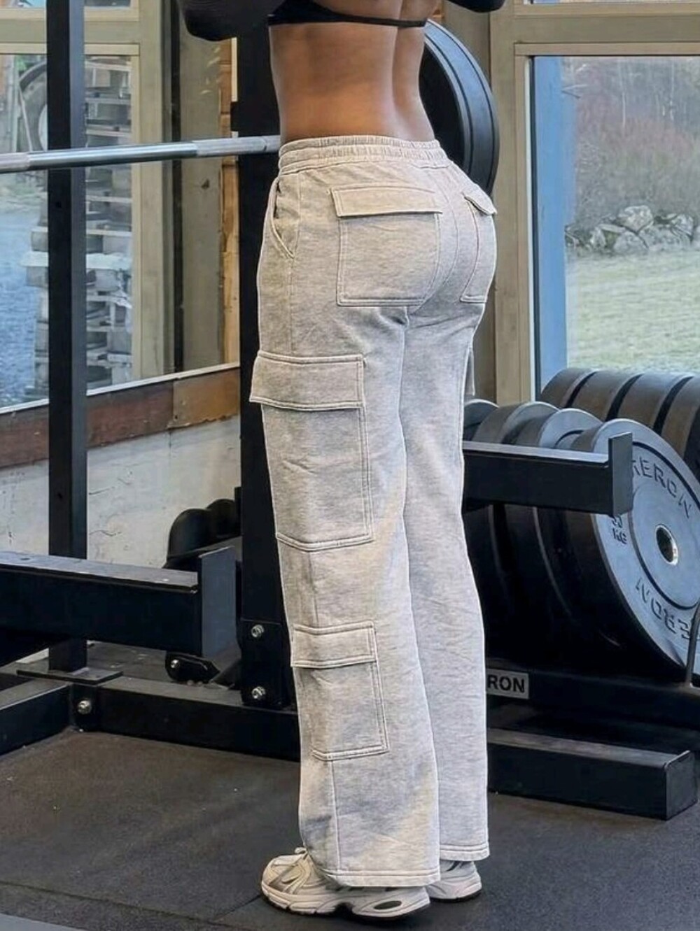 Casual Wide-Leg Cargo Sweatpants - Light Gray